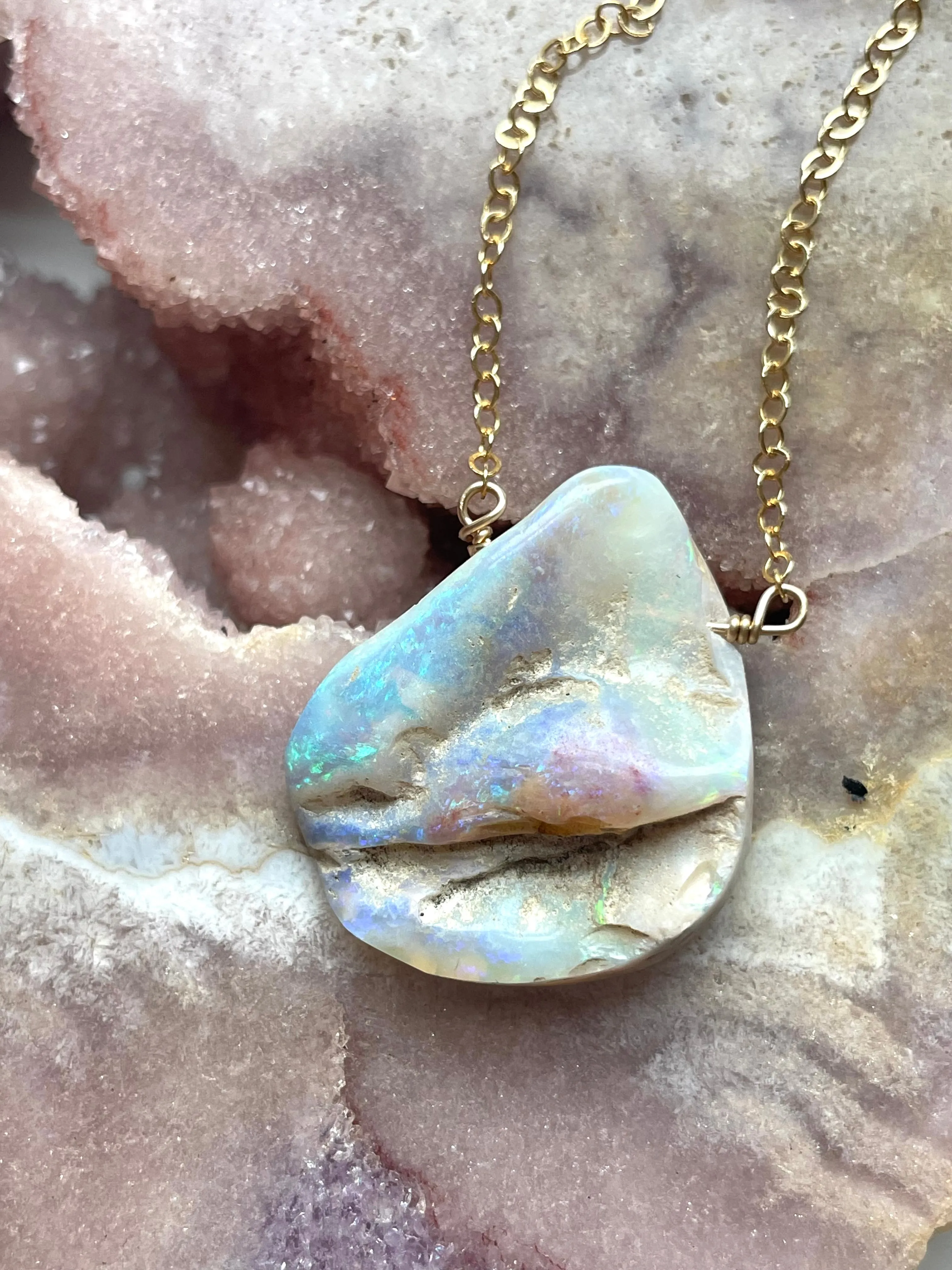 Large Australian Opal Pendant Necklace 14kt Gold Filled