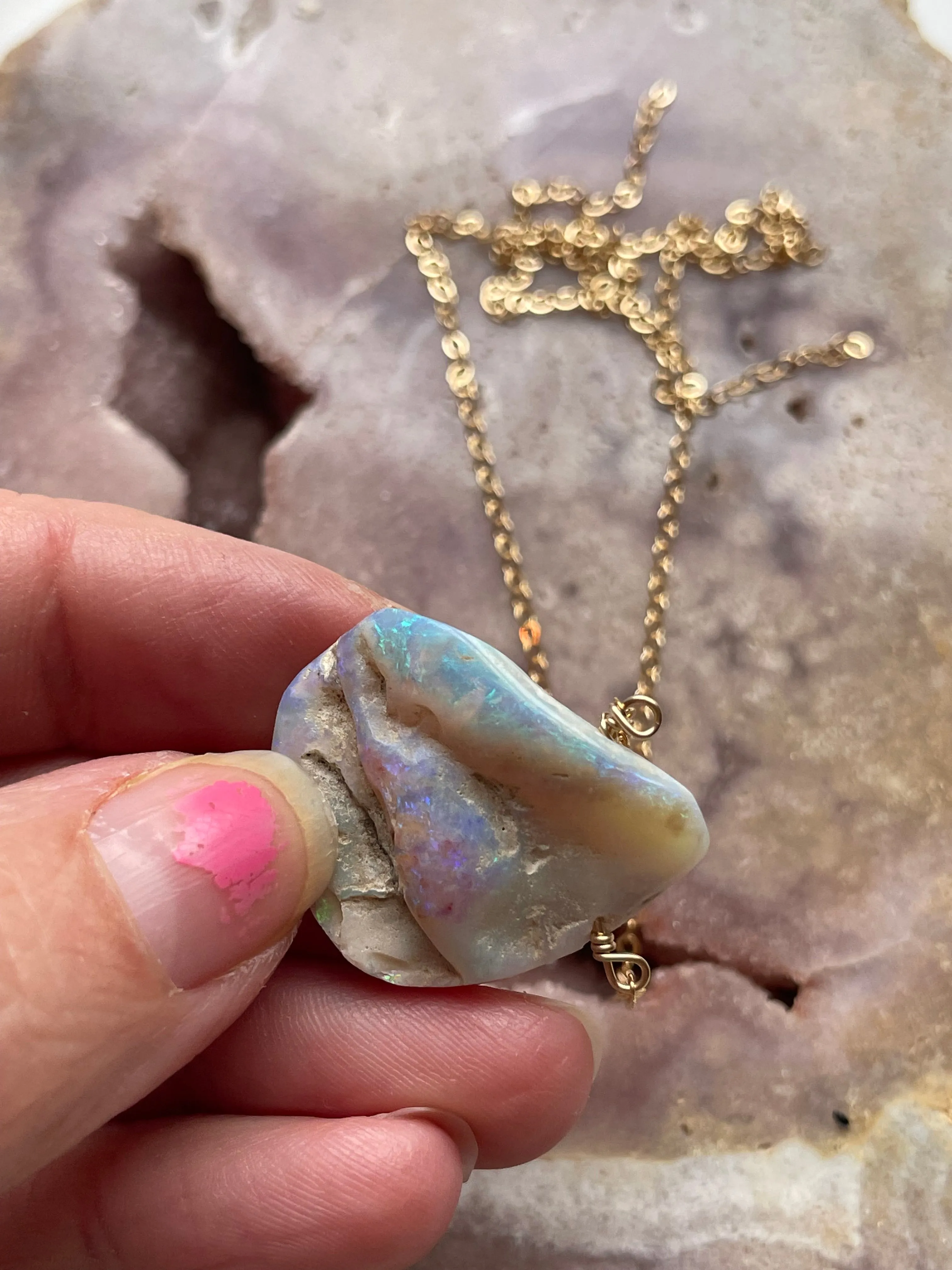 Large Australian Opal Pendant Necklace 14kt Gold Filled