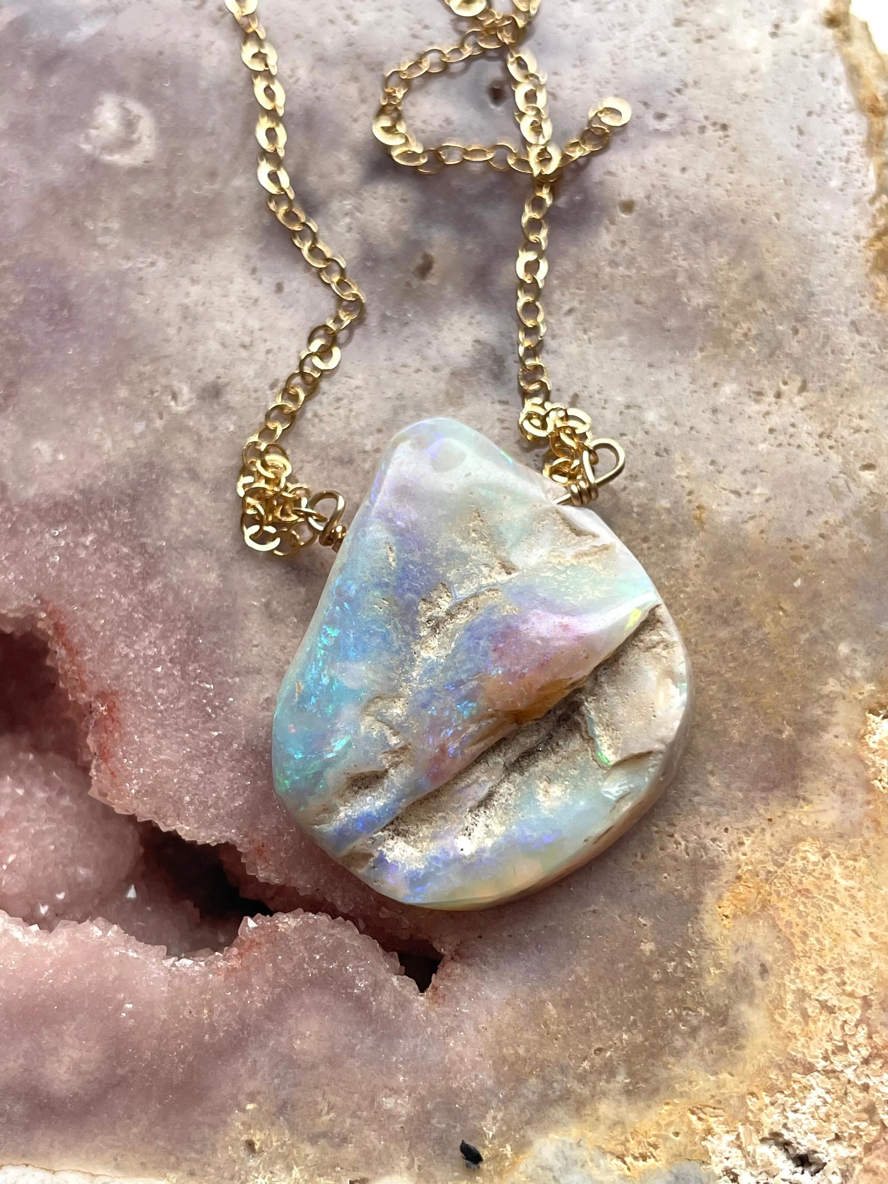 Large Australian Opal Pendant Necklace 14kt Gold Filled