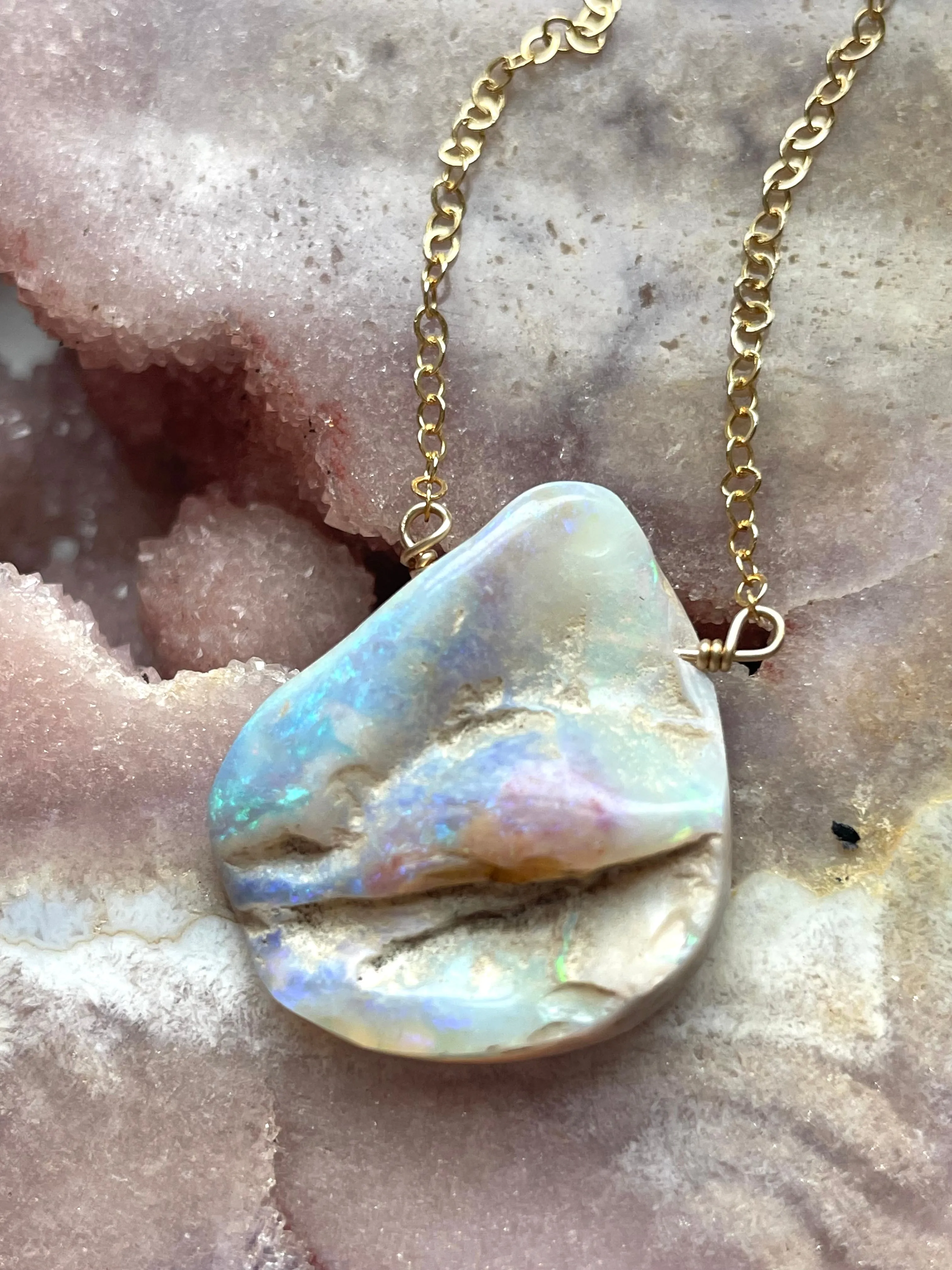 Large Australian Opal Pendant Necklace 14kt Gold Filled