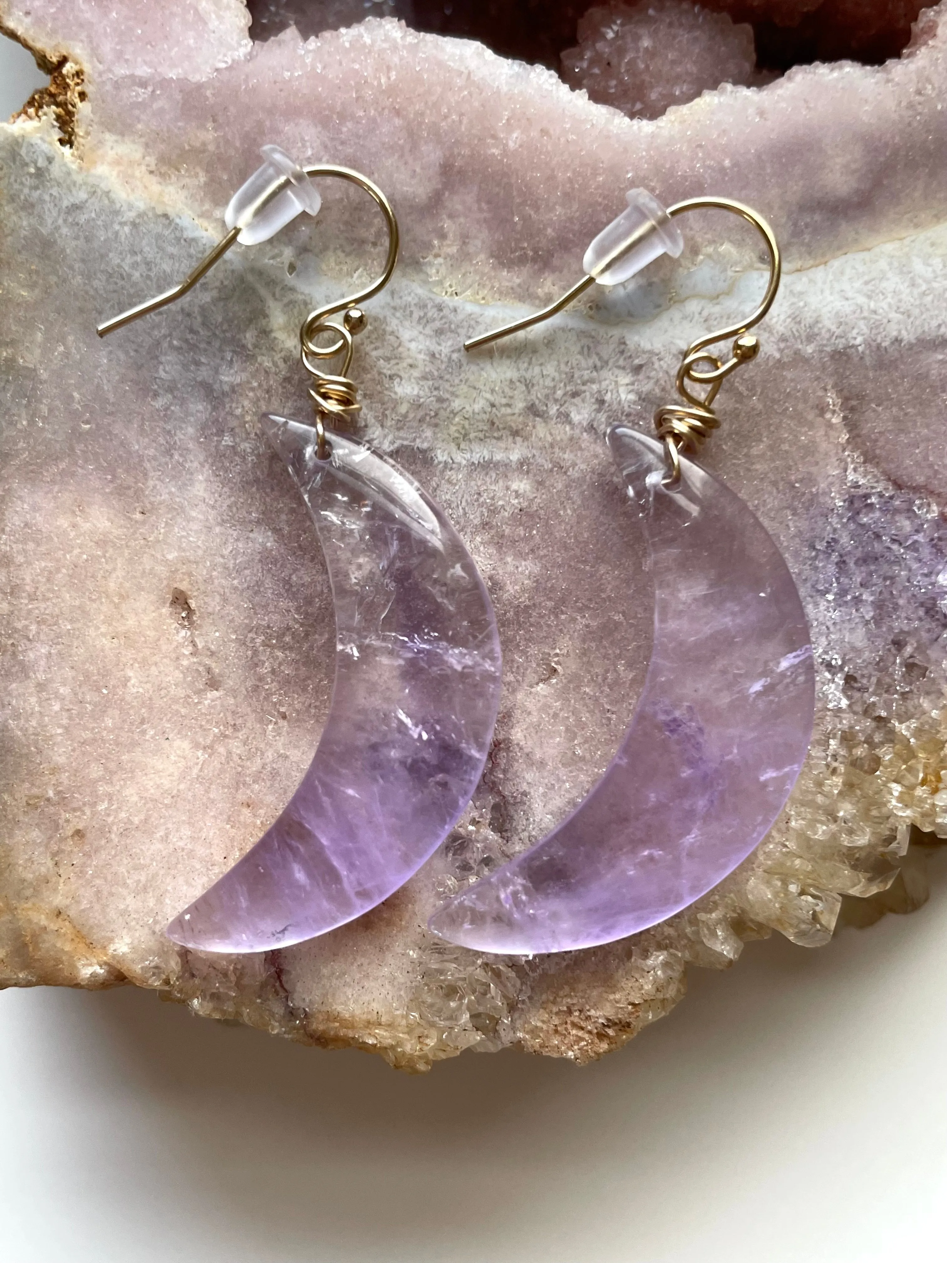 Large Purple Amethyst Crescent Moon Earrings Gold or Silver