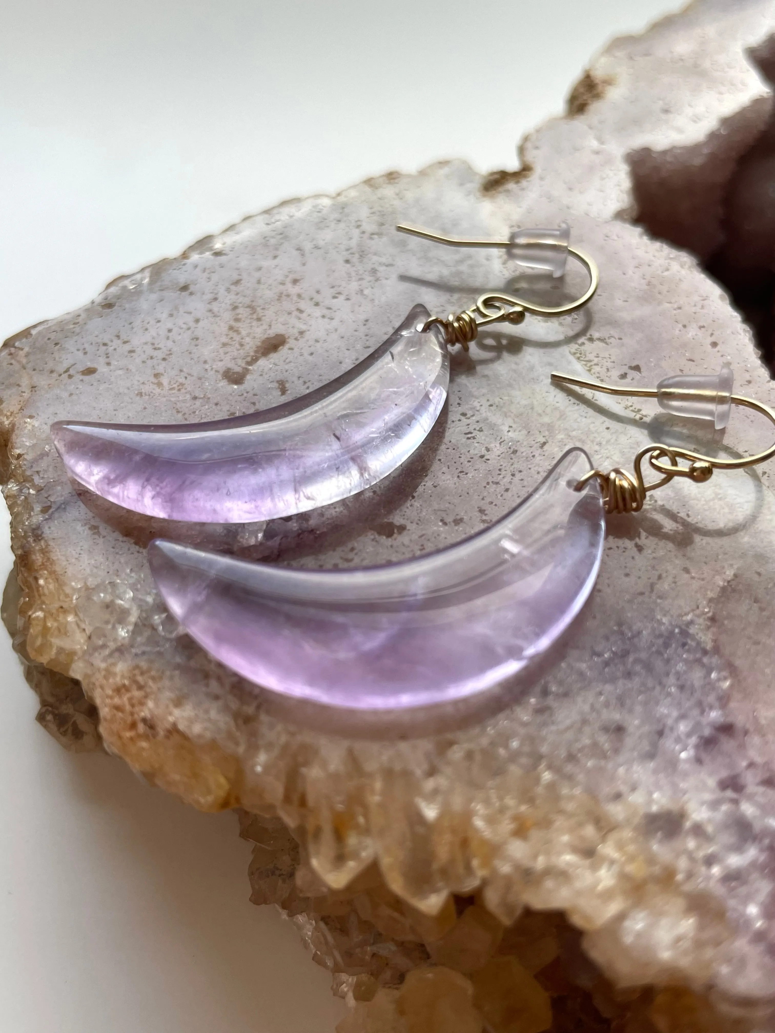 Large Purple Amethyst Crescent Moon Earrings Gold or Silver