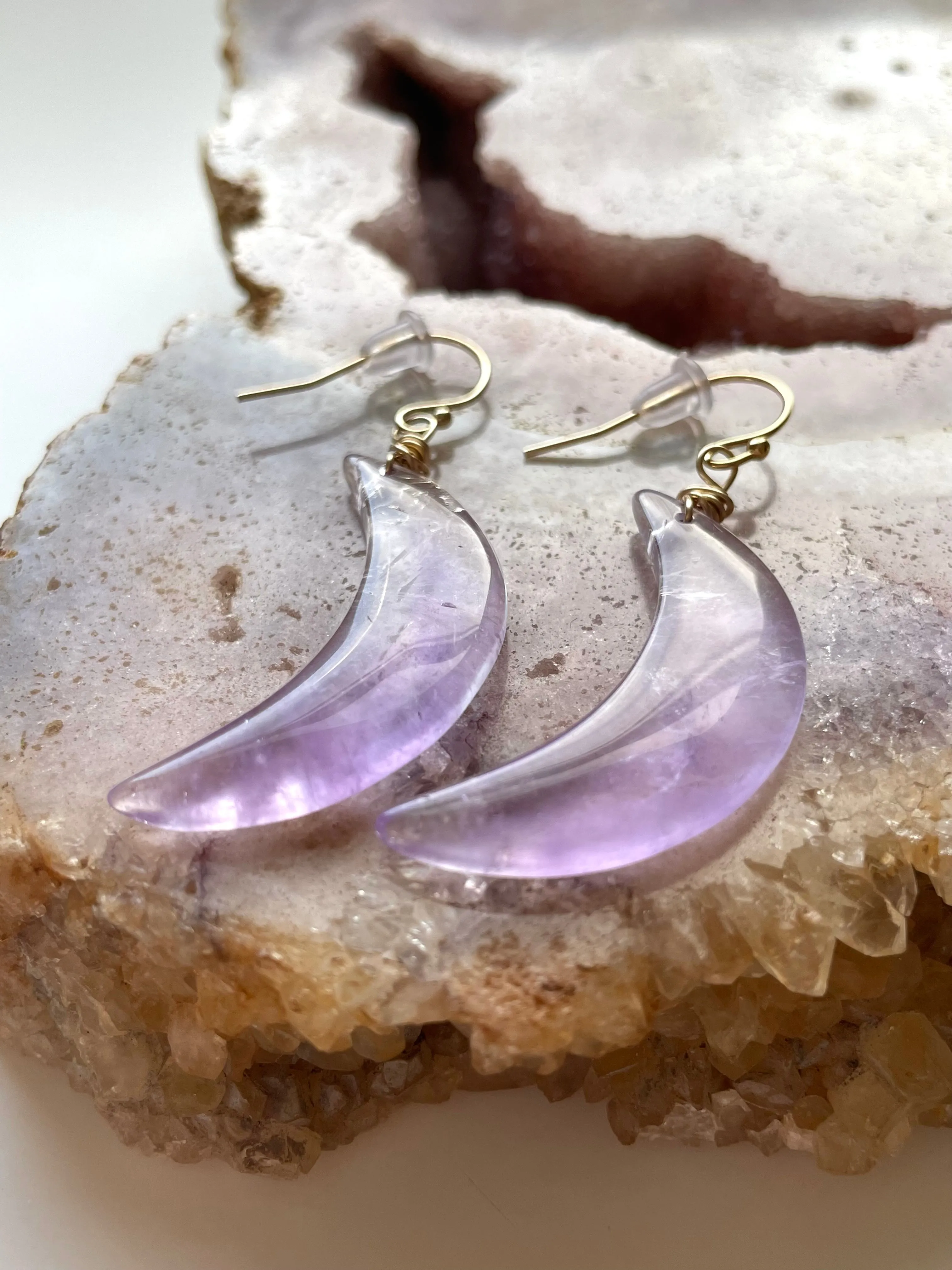 Large Purple Amethyst Crescent Moon Earrings Gold or Silver