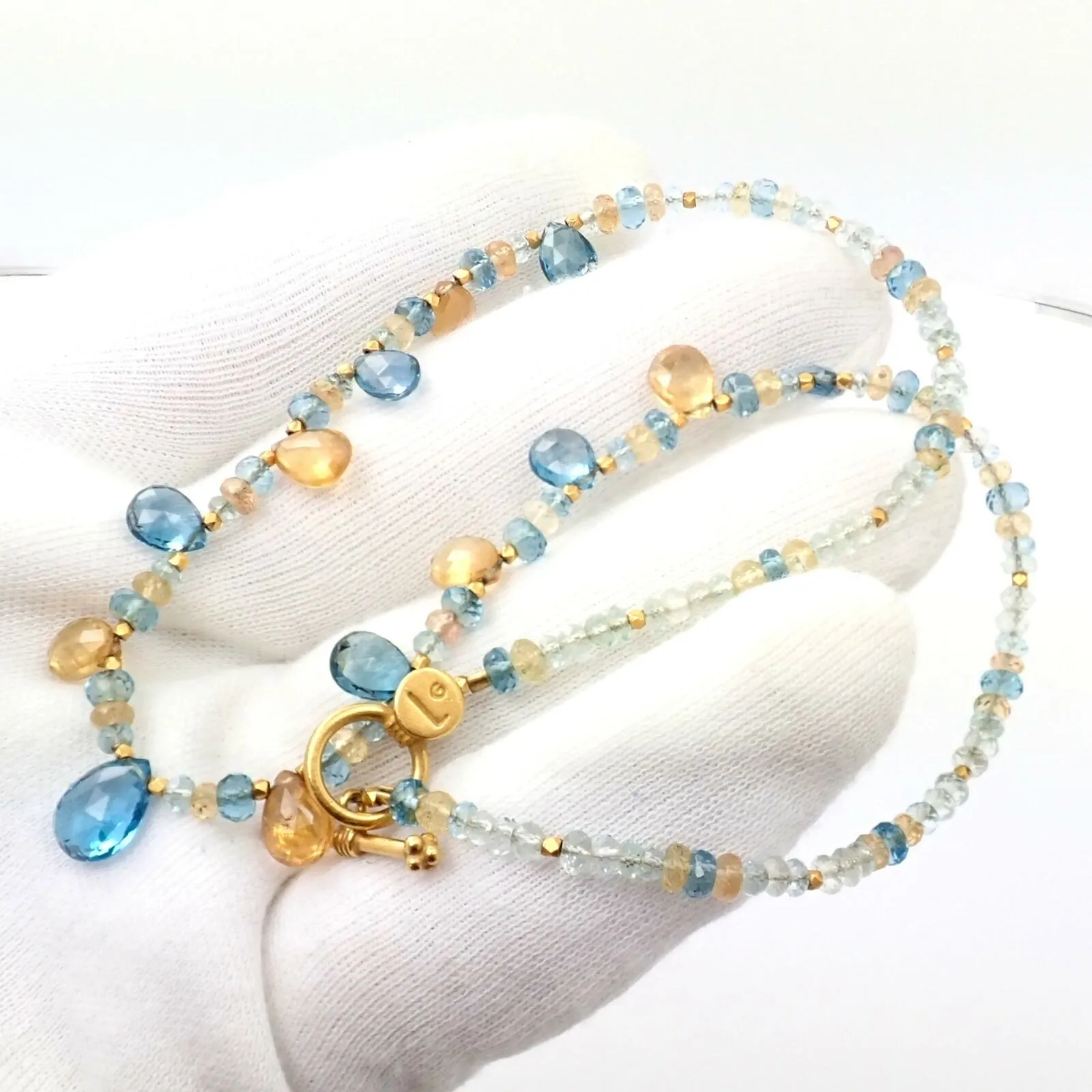 Laura Gibson 22k Yellow Gold Citrine Blue Topaz Citrine Necklace