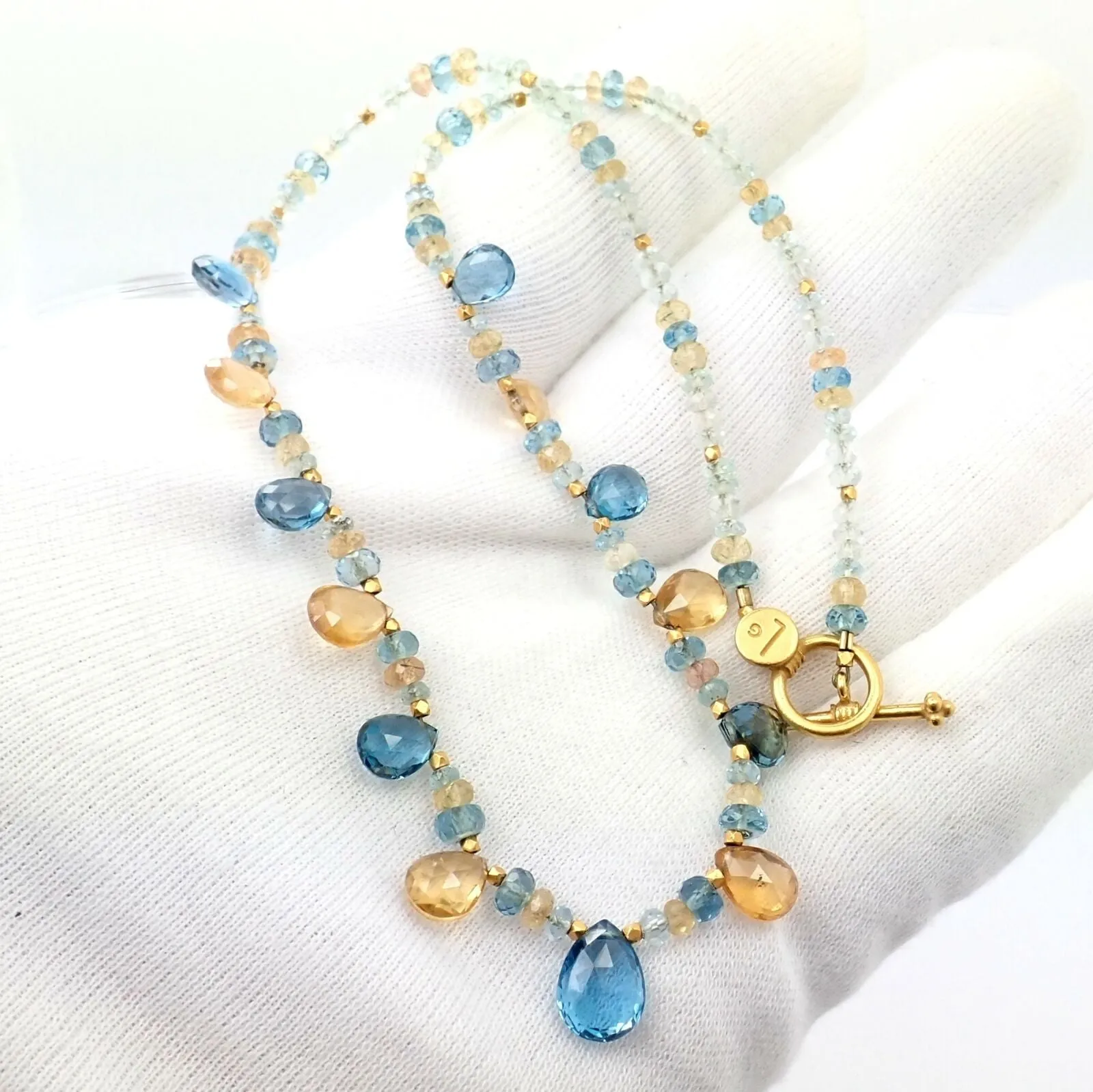 Laura Gibson 22k Yellow Gold Citrine Blue Topaz Citrine Necklace