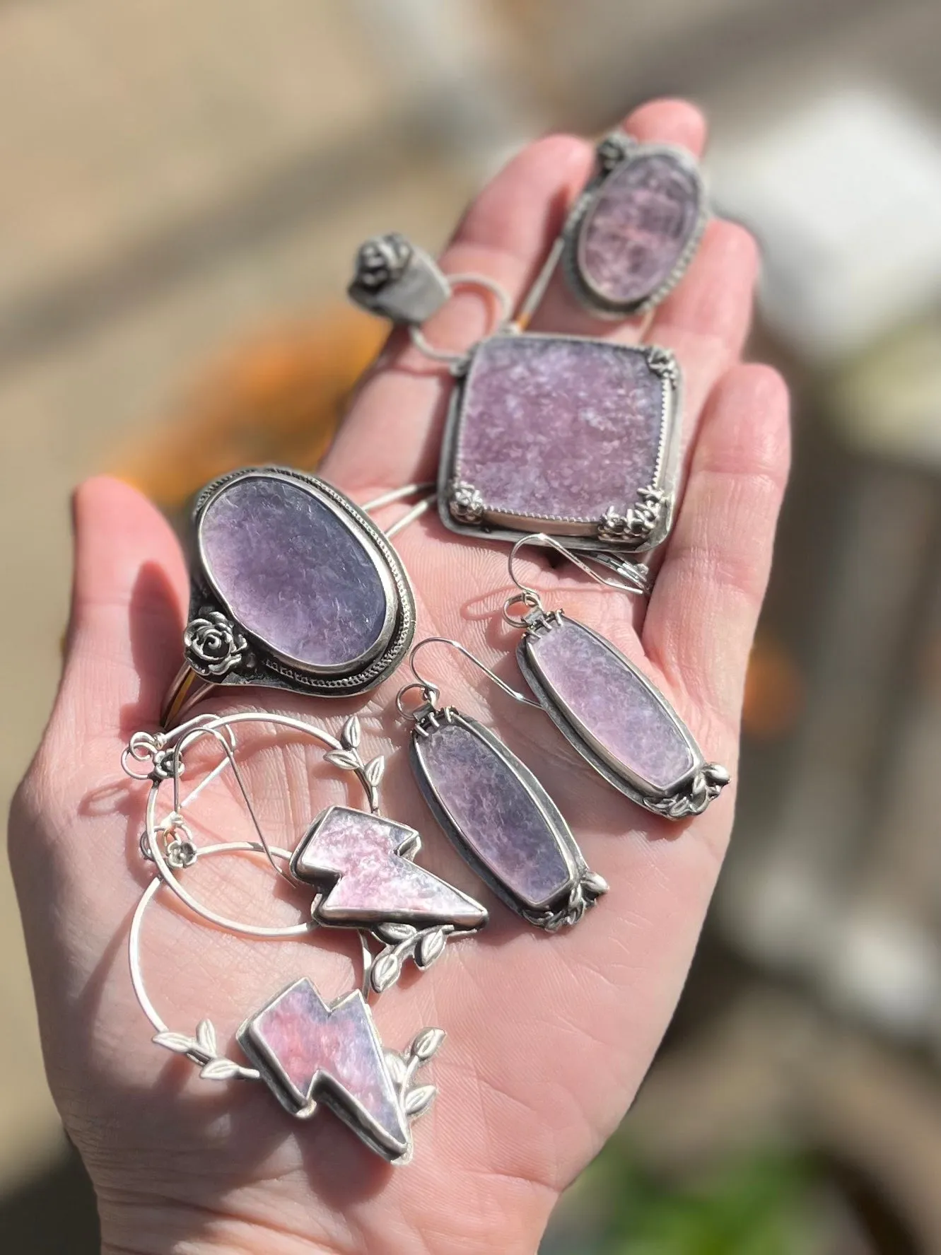 Lepidolite Purple Mica Oval Ring with Rose