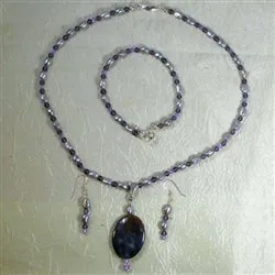 Lilac Pearl Necklace with Lepidolite Pendant Jewelry Set