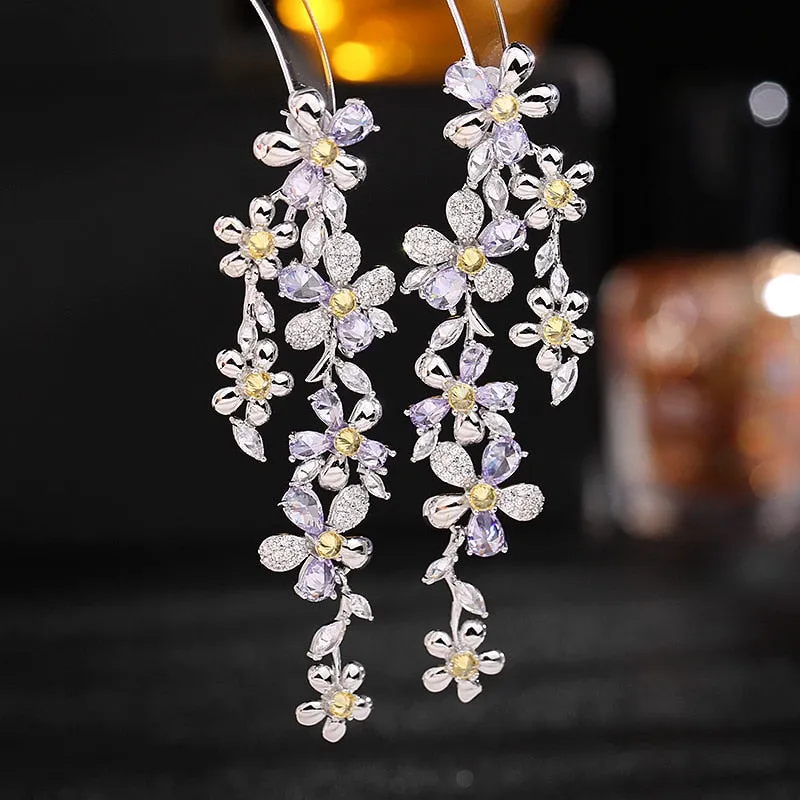 Long Pink or Purple Flowers Zirconia Crystals Dangle Earrings