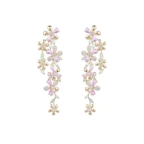 Long Pink or Purple Flowers Zirconia Crystals Dangle Earrings