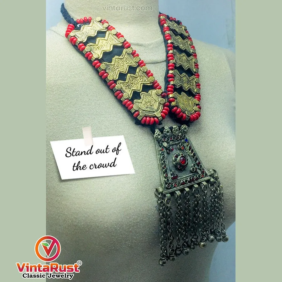 Long Red Beaded Vintage Pendant Necklace