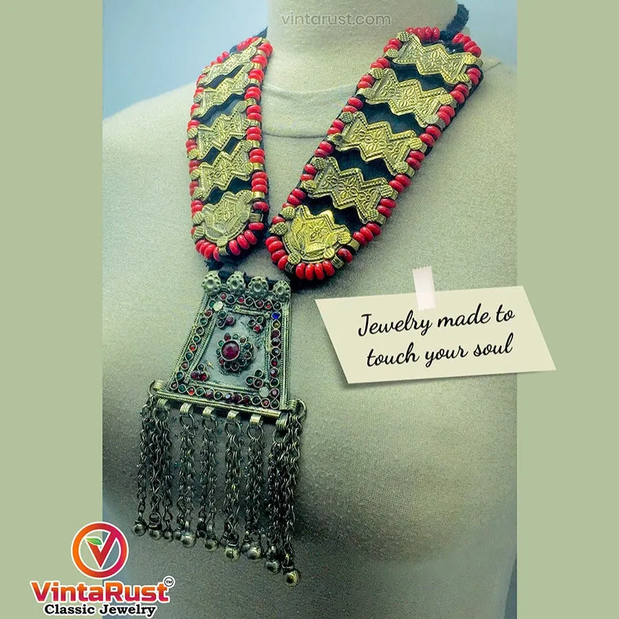 Long Red Beaded Vintage Pendant Necklace