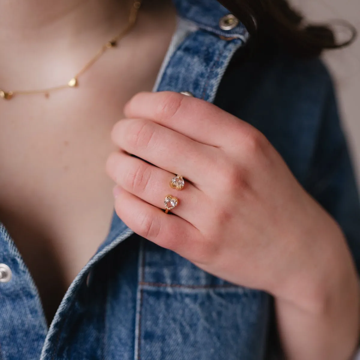 LOVE DUO HEART RING - WHITE TOPAZ & GOLD