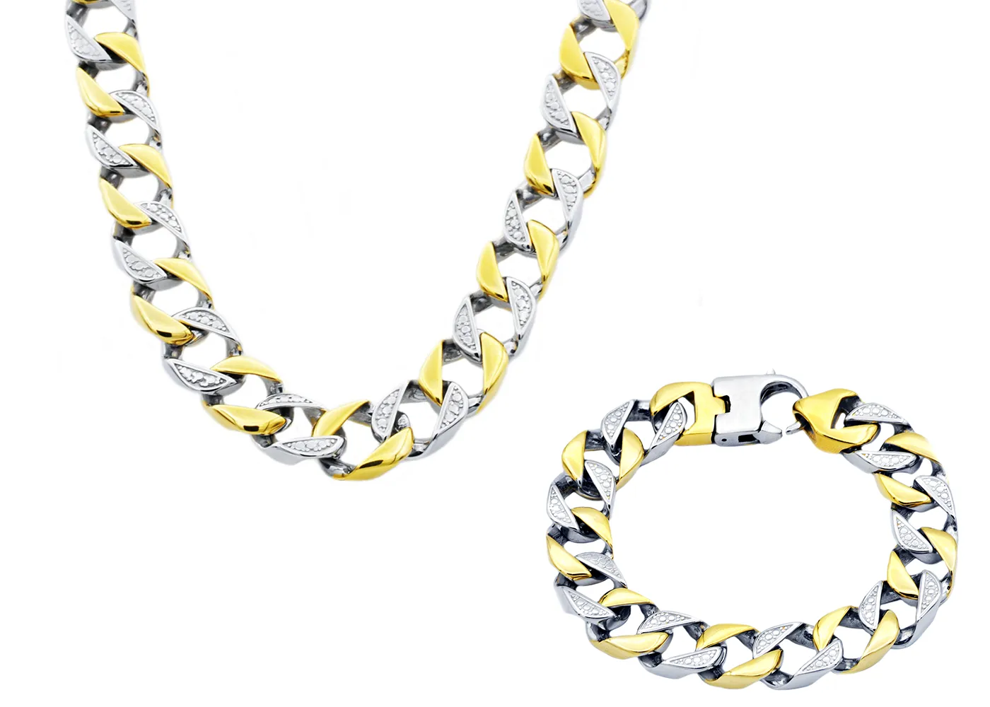 Mens 14mm Two Tone Gold Stainless Steel Pave Curb Link Bracelet & Necklace Chain Set