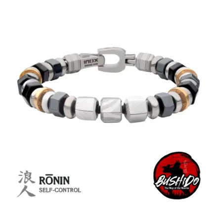 Men's 8mm Mokume Gane, Hematite and Onyx Beads Bushido Virtue Bracelet, 8.50"