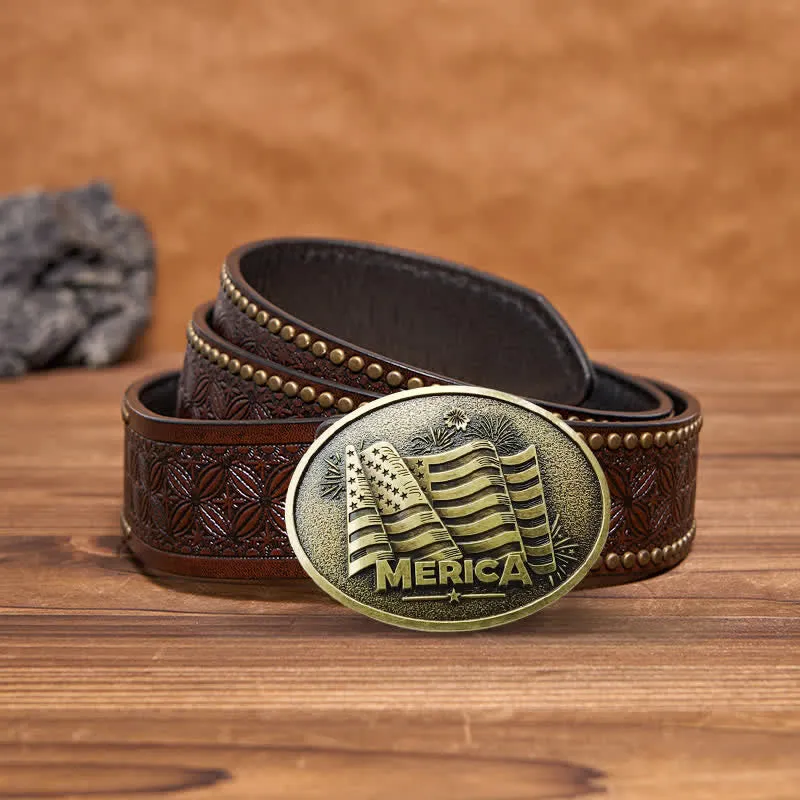 Men's DIY Native American Flag Texas Style Buckle Leather Belt