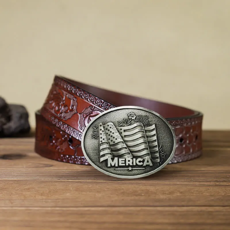 Men's DIY Native American Flag Texas Style Buckle Leather Belt