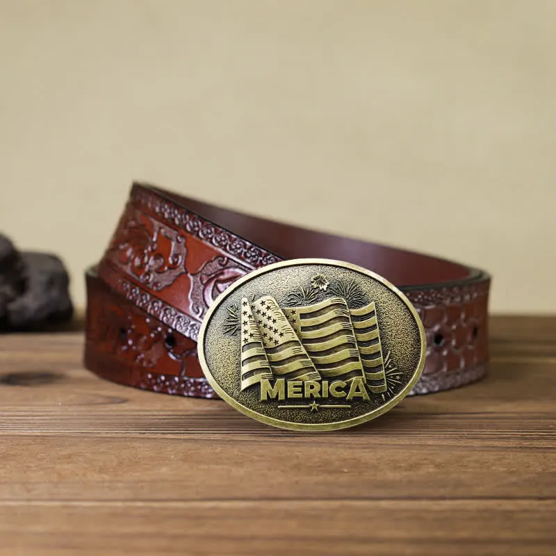 Men's DIY Native American Flag Texas Style Buckle Leather Belt