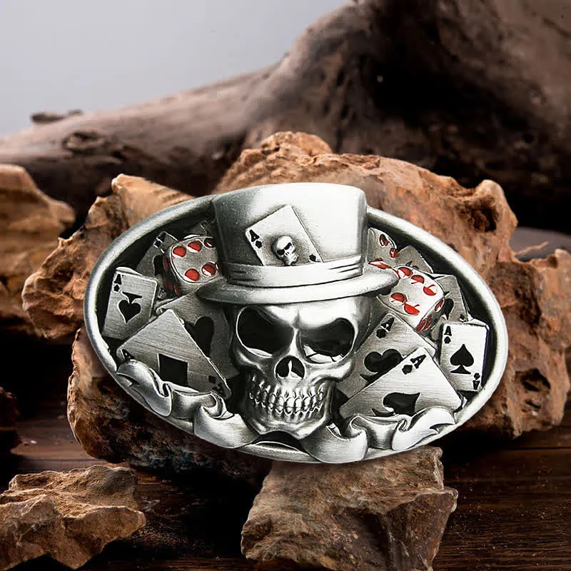 Men's DIY Skull Poker Dice Oval Buckle Leather Belt