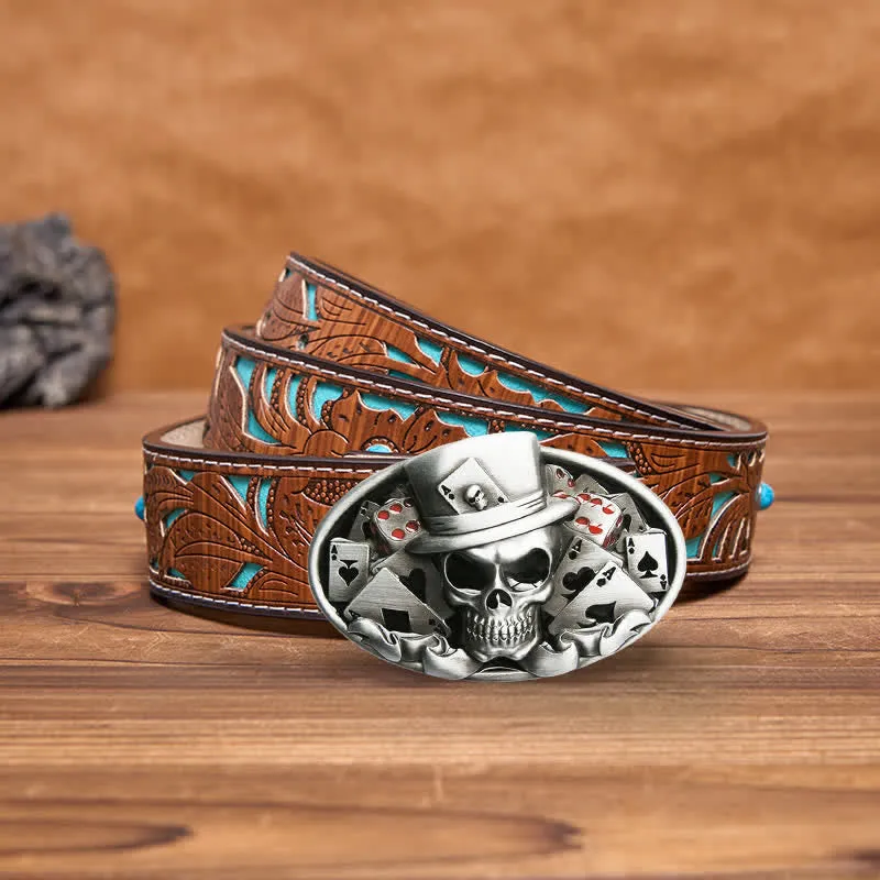 Men's DIY Skull Poker Dice Oval Buckle Leather Belt