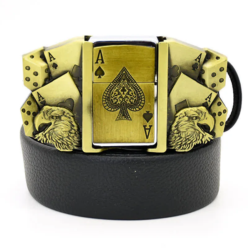 Men's Eagle Poker Ace Gold Leather Belt With Hidden Lighter