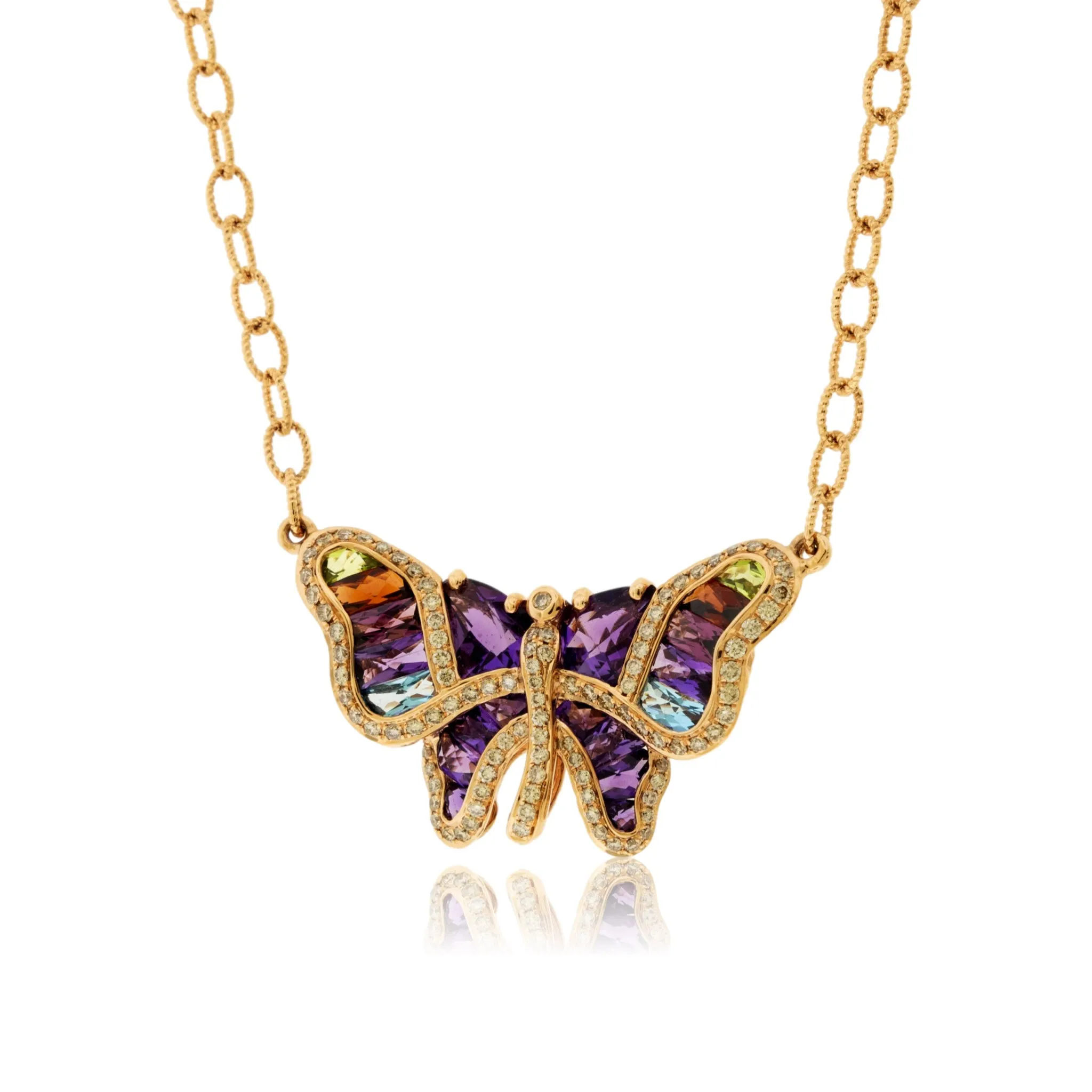 Mixed Gemstone & Diamond Butterfly Necklace