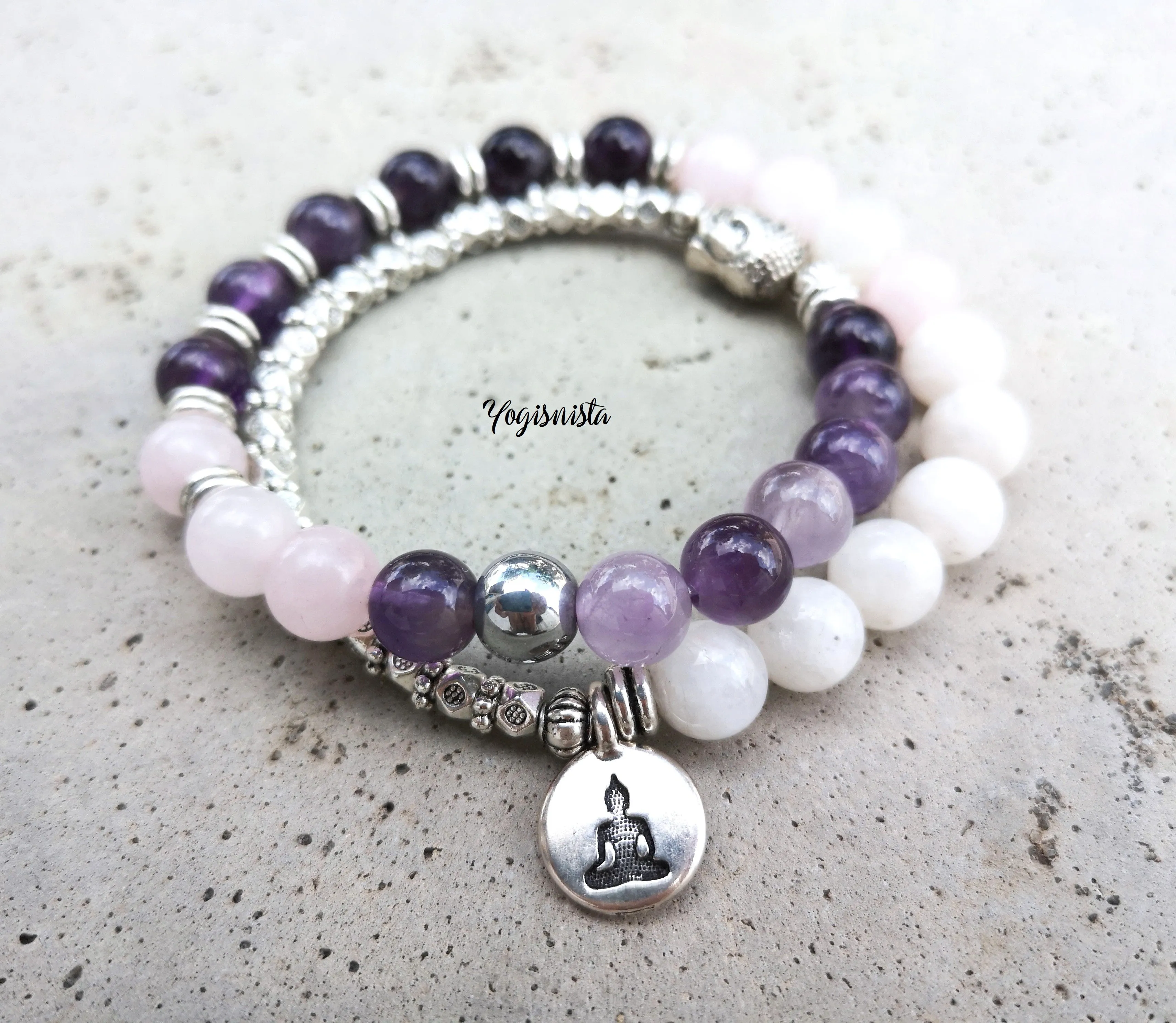 Moonstone, Amethyst, Pink Quartz Mala Bracelet