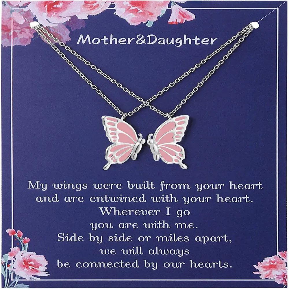 Mother Daughter Butterfly Necklaces, Matching Mommy and Me Butterfly Pendant Necklace Set for 2, Mom Daughter Chain Jewelry, Mother's Day Gift (Silver)