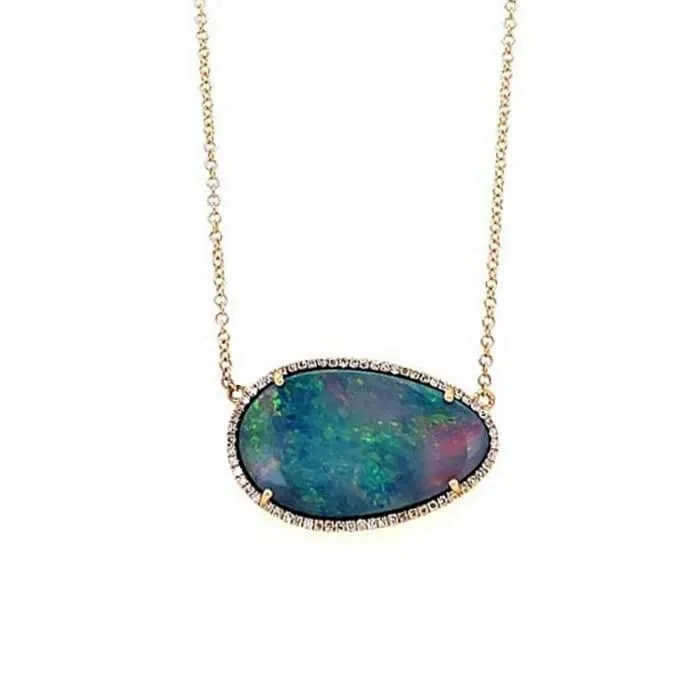 Mountz Collection Opal and Diamond Halo Pendant Necklace in 14K Yellow Gold