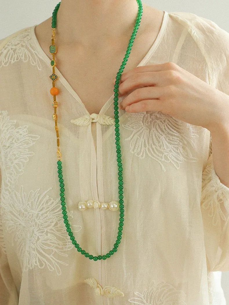 Multi-element Green Onyx Long Detachable Necklace