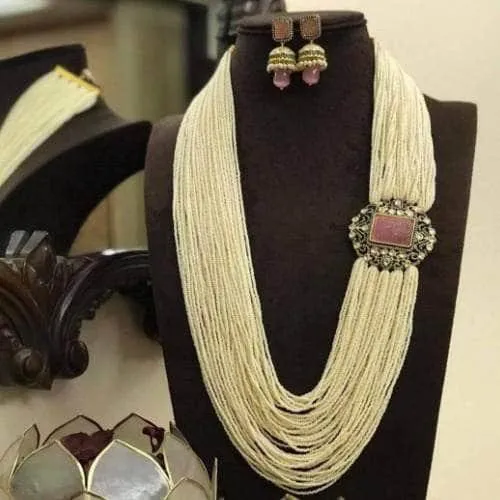 Multi Layered Pearl Side Patch Necklace Set