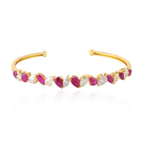 Multi Shape Ruby Natural Rose Cut Diamond Designer Cuff Bangle 18K Yellow Gold