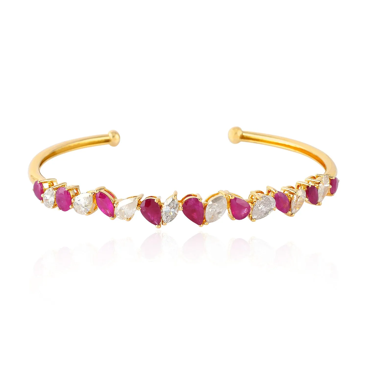 Multi Shape Ruby Natural Rose Cut Diamond Designer Cuff Bangle 18K Yellow Gold