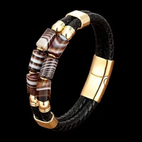 Multilayer Leather Natural Gemstone Stainless Steel Bracelet