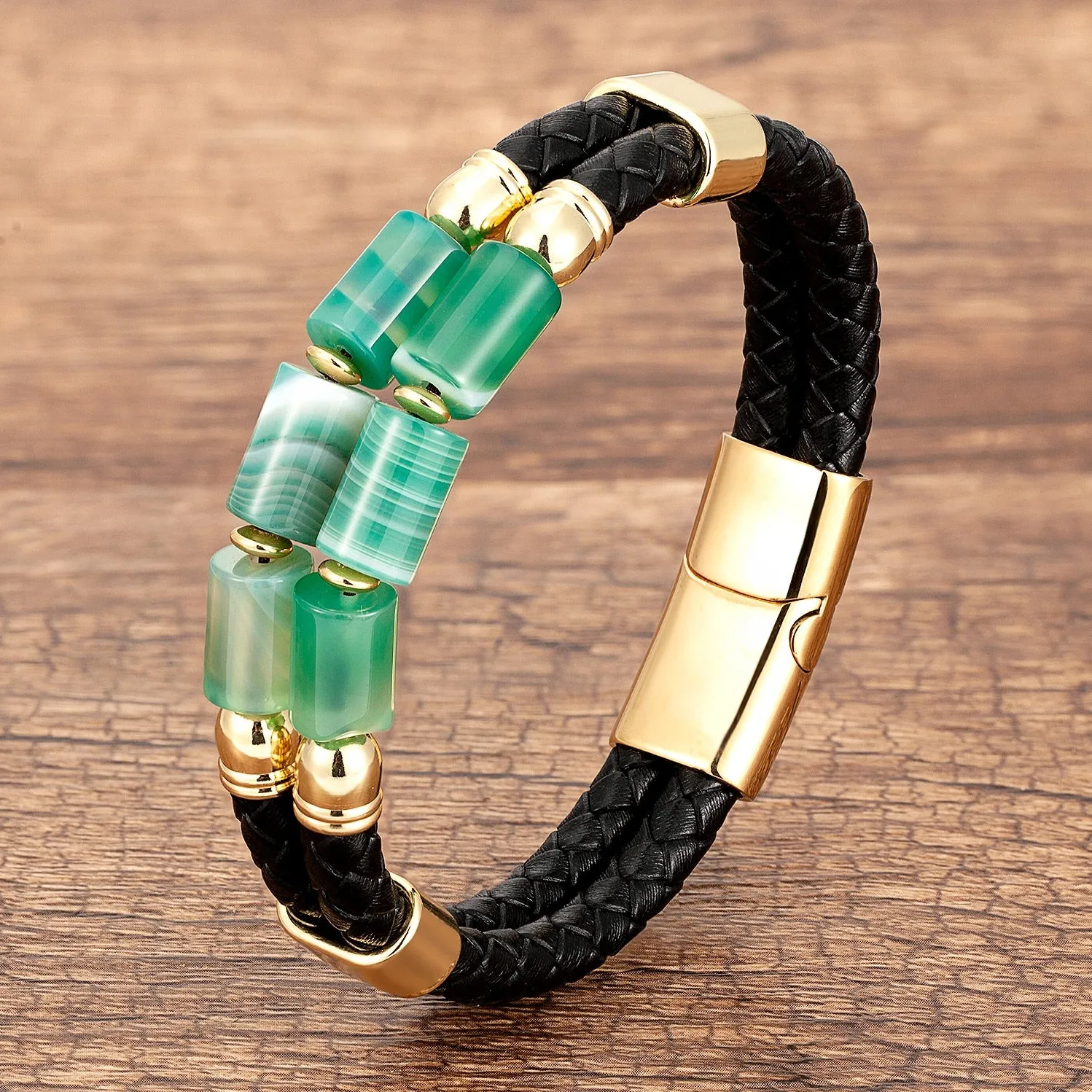 Multilayer Leather Natural Gemstone Stainless Steel Bracelet