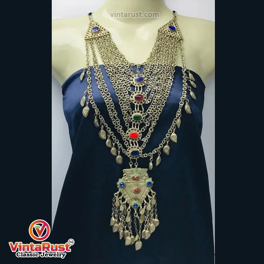 Multilayers Bib Necklace With Dangling Massive Pendant