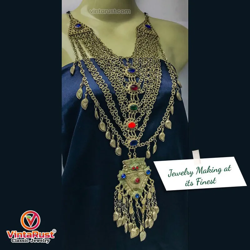 Multilayers Bib Necklace With Dangling Massive Pendant