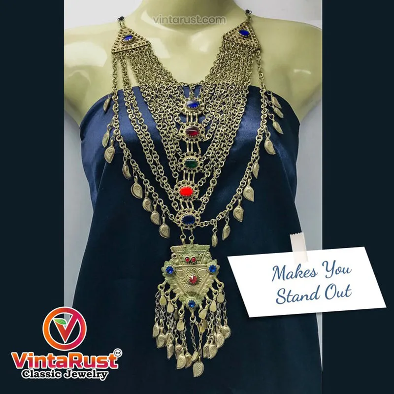 Multilayers Bib Necklace With Dangling Massive Pendant