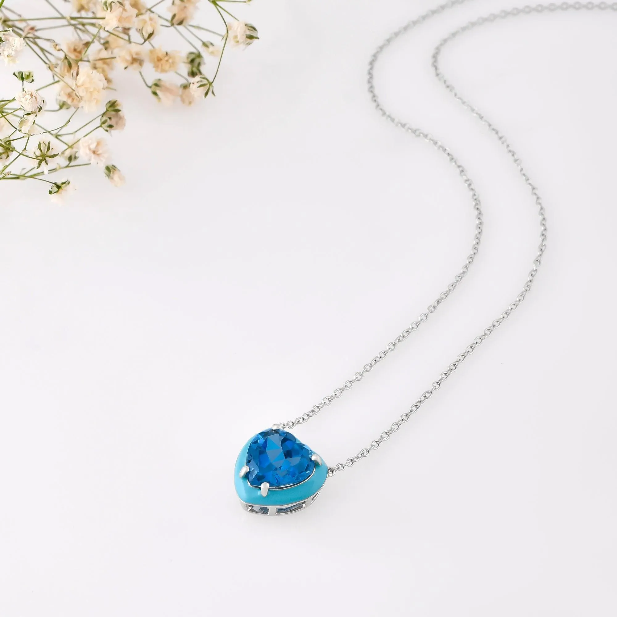 Natural Blue Topaz Heart Pendant Necklace