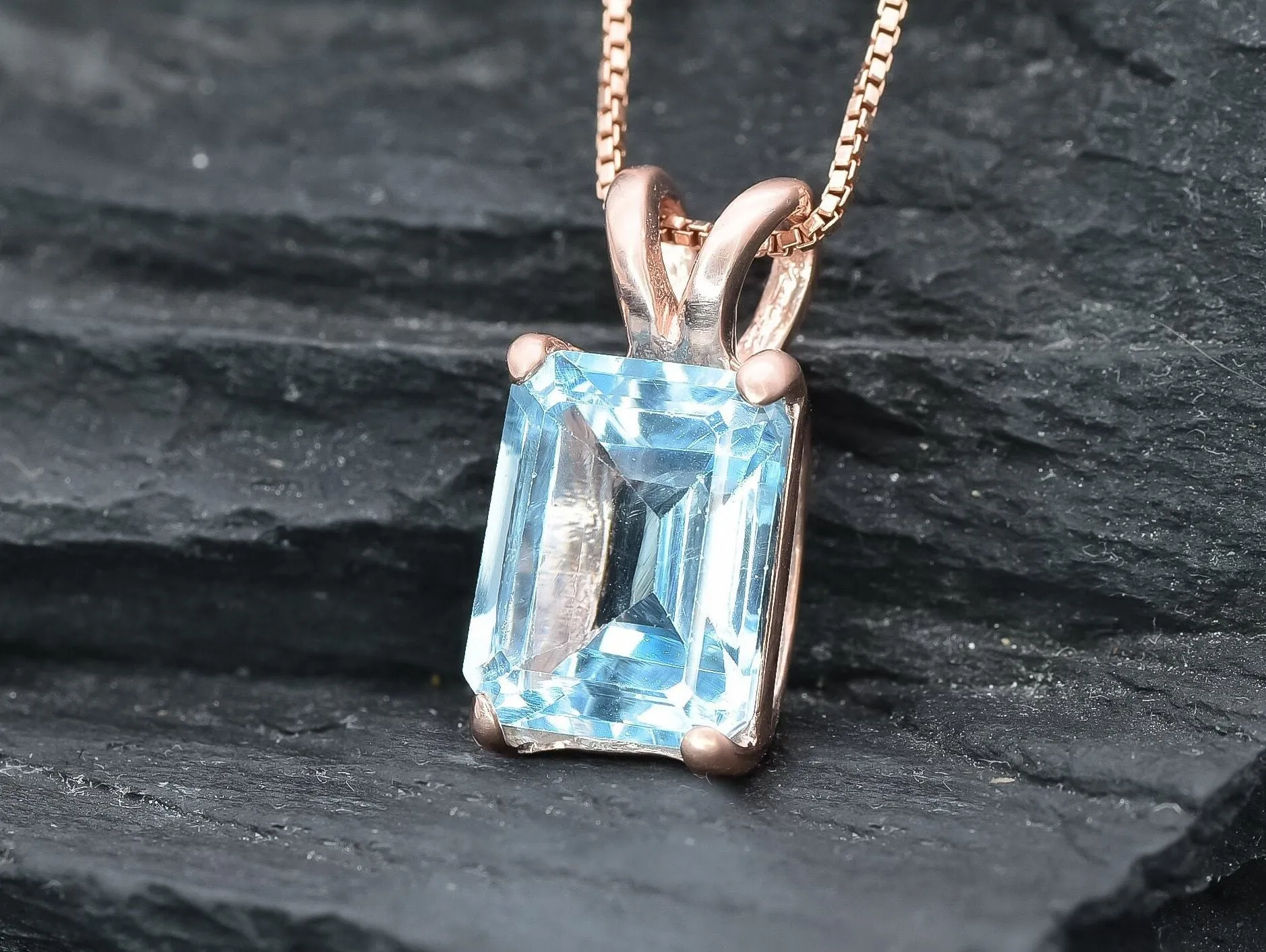 Natural Blue Topaz Necklace - Rose Gold Topaz Necklace -  Emerald Cut Topaz Pendant