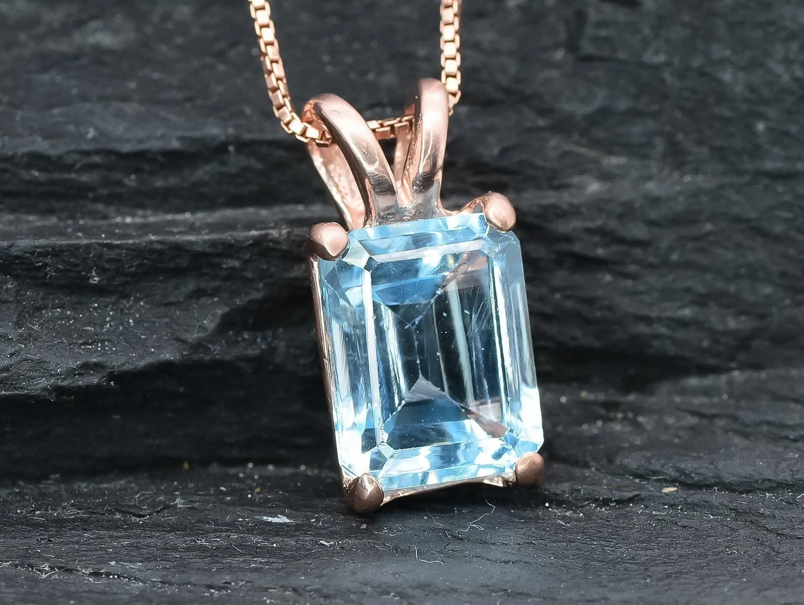 Natural Blue Topaz Necklace - Rose Gold Topaz Necklace -  Emerald Cut Topaz Pendant