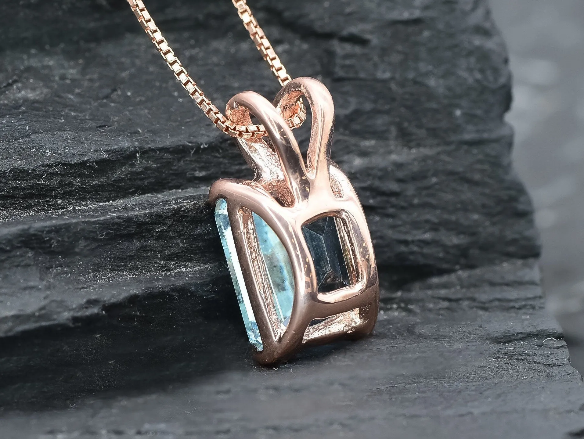 Natural Blue Topaz Necklace - Rose Gold Topaz Necklace -  Emerald Cut Topaz Pendant