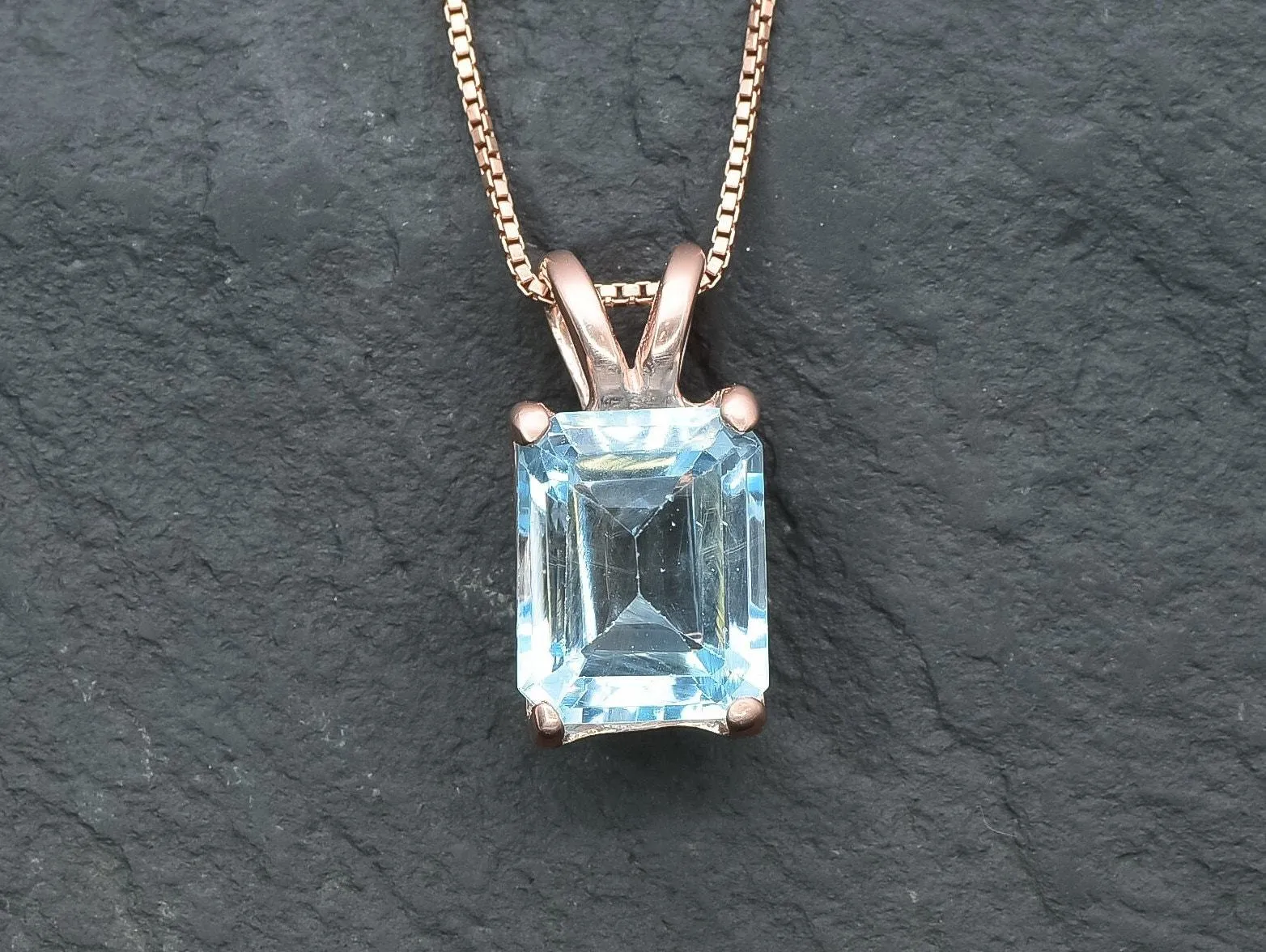 Natural Blue Topaz Necklace - Rose Gold Topaz Necklace -  Emerald Cut Topaz Pendant