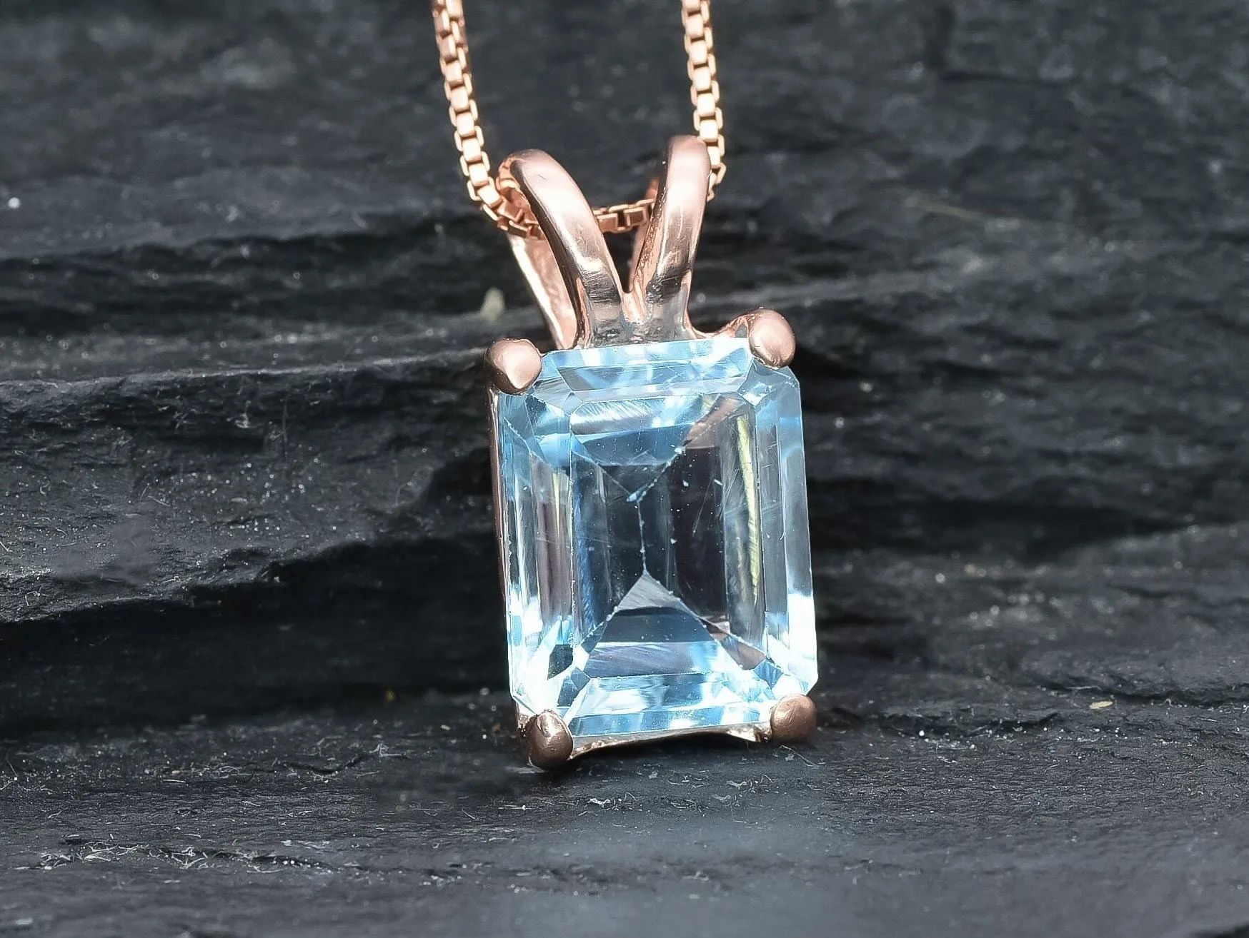 Natural Blue Topaz Necklace - Rose Gold Topaz Necklace -  Emerald Cut Topaz Pendant