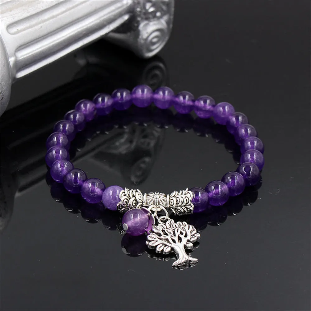 Natural Purple Gemstone Bracelet with Tree Pendant