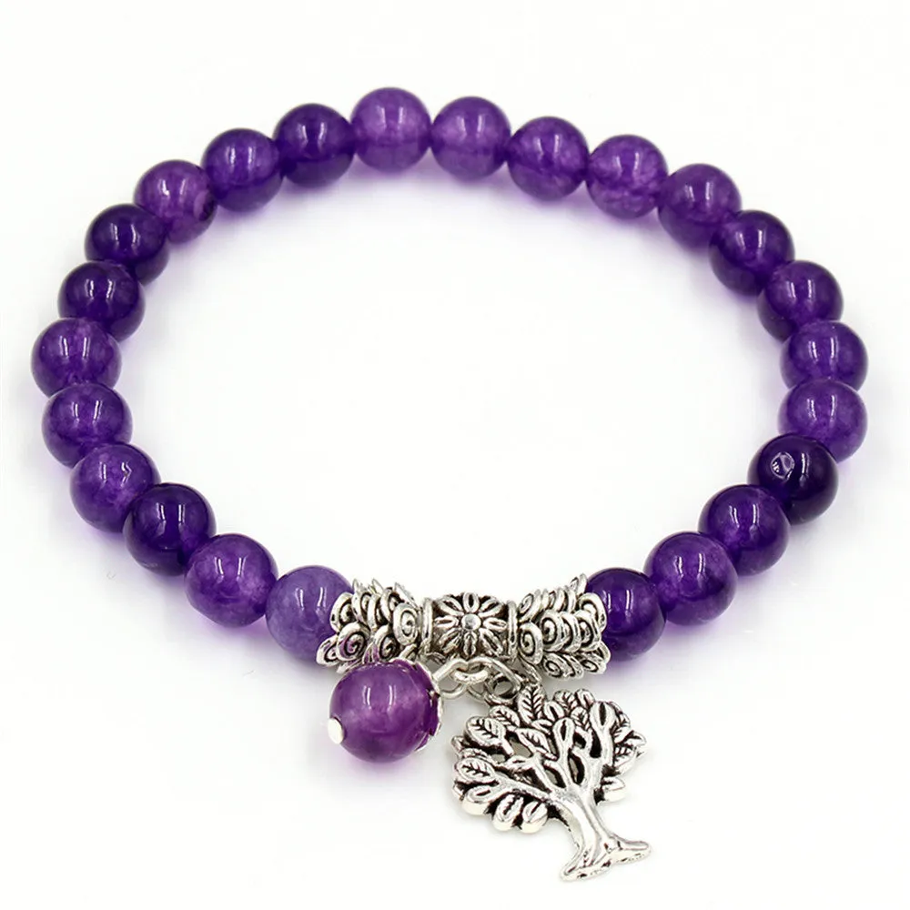 Natural Purple Gemstone Bracelet with Tree Pendant