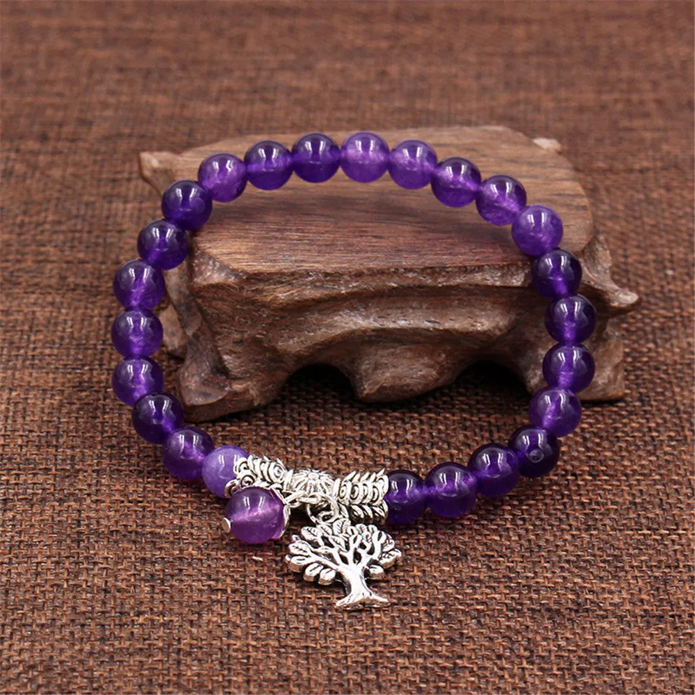 Natural Purple Gemstone Bracelet with Tree Pendant