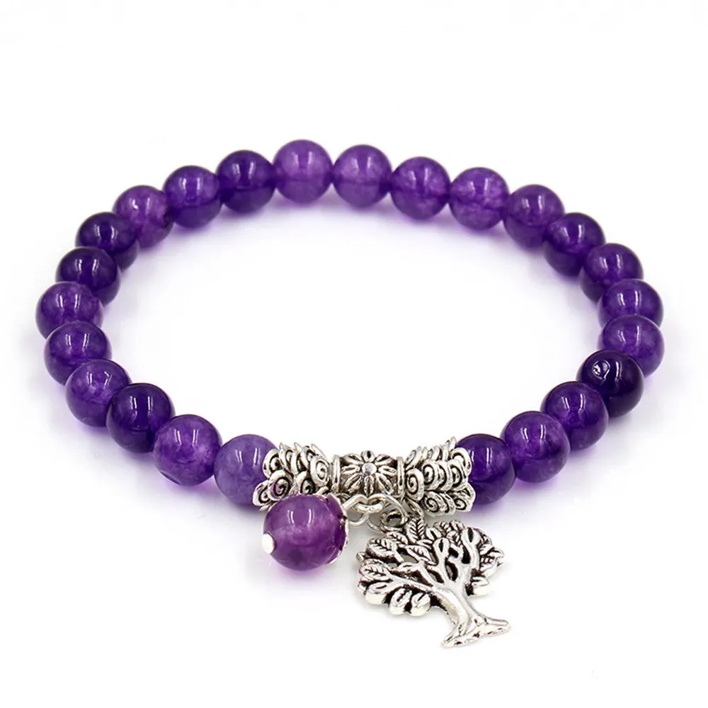 Natural Purple Gemstone Bracelet with Tree Pendant