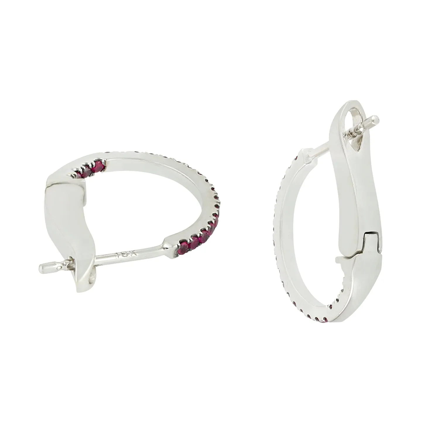 Natural Ruby Gemstone Huggie Earrings In White Gold For Women