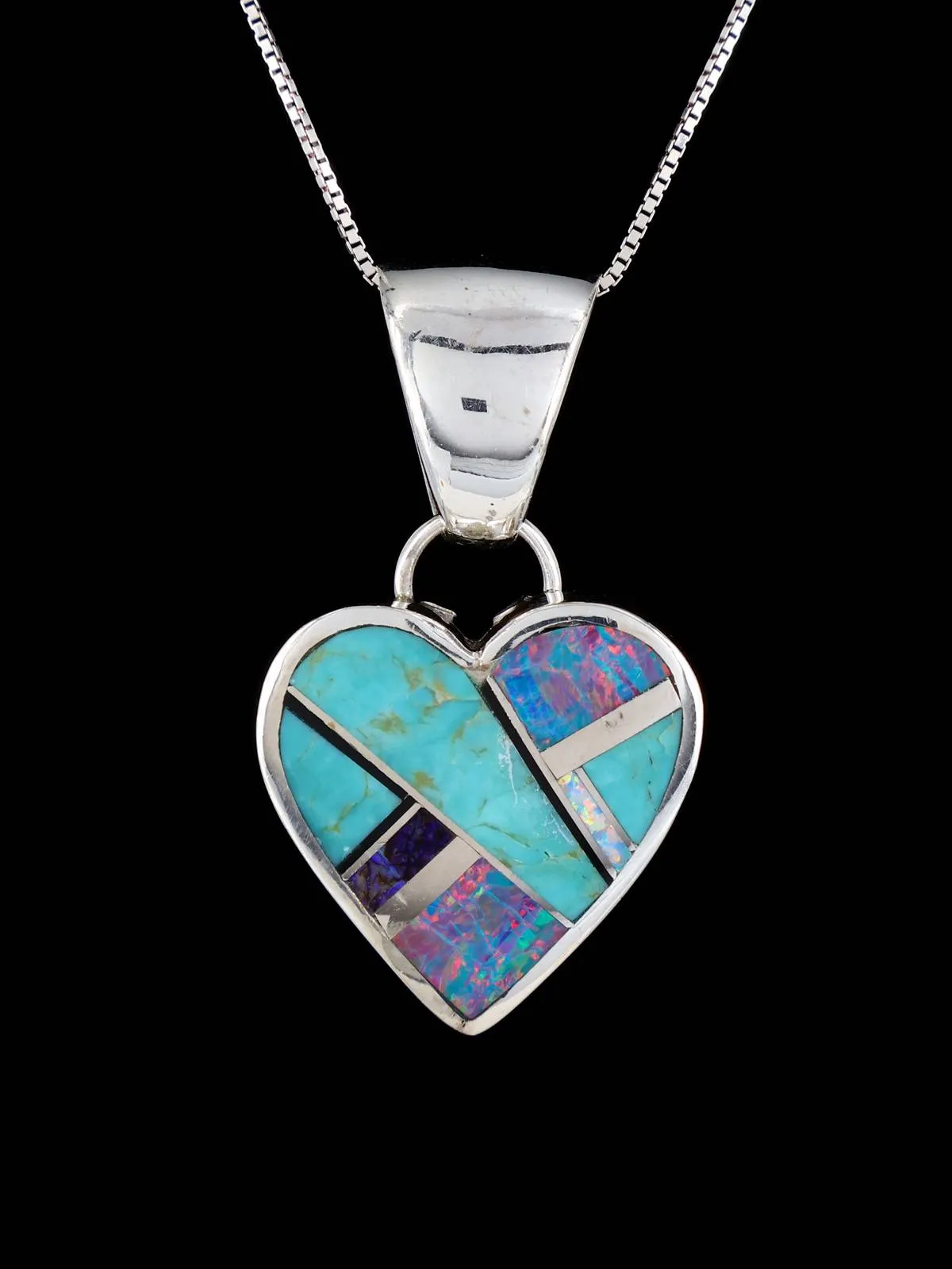 Navajo Inlay Sterling Silver Monarch Opal Heart Pendant