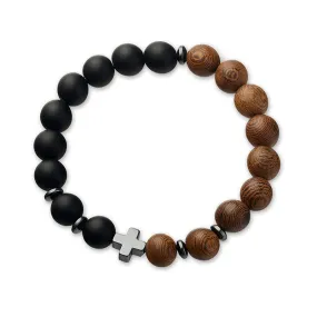 ONYX AND WOOD CROSS BRACELET